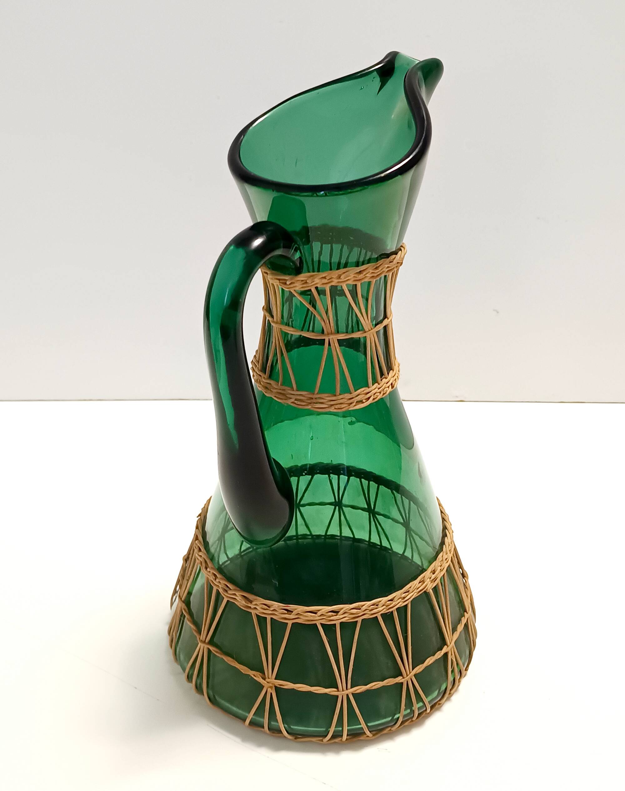 Green Hand Blown Glass and Wicker Jug / Vase, Empoli, Italy