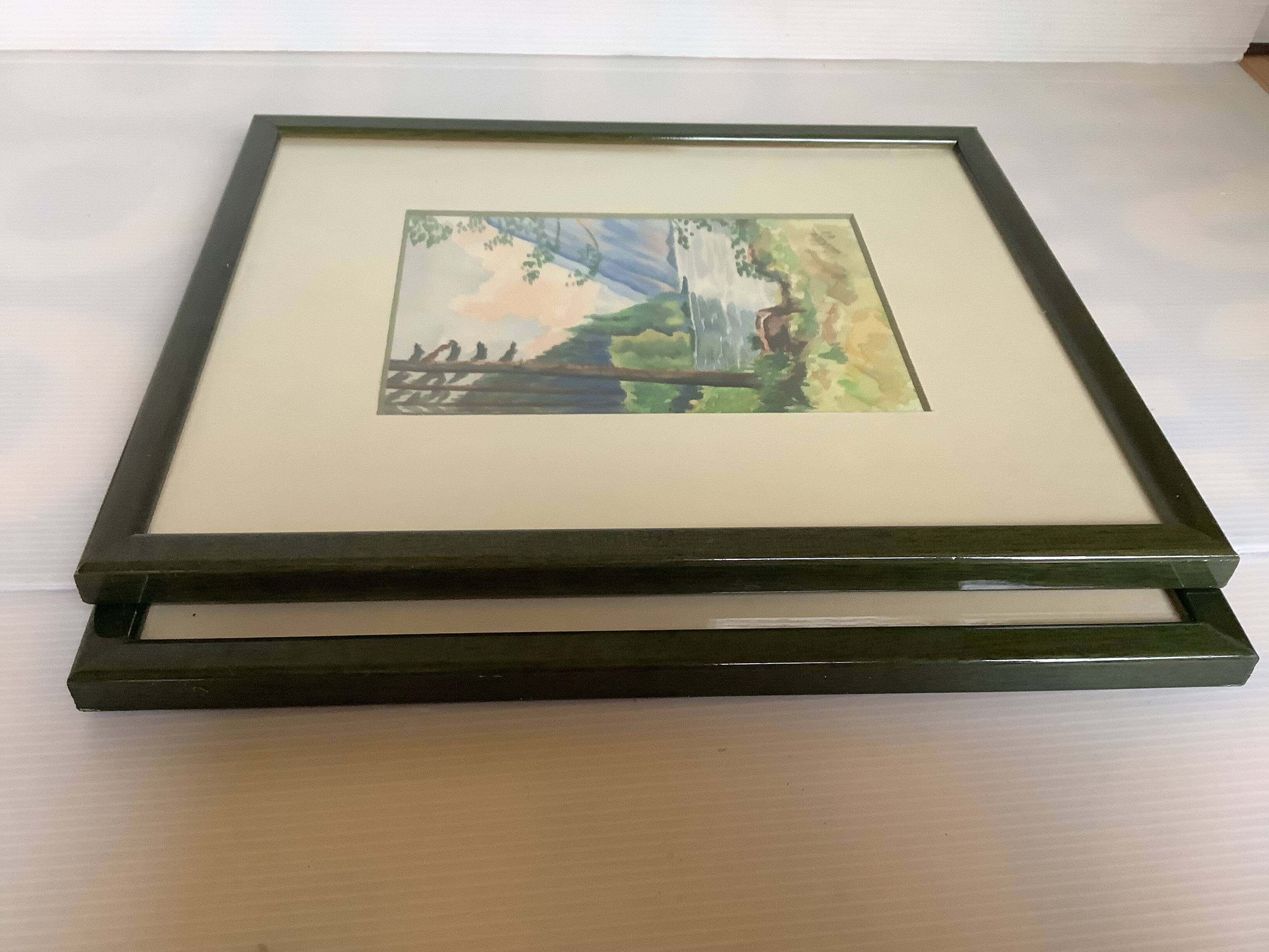 Pair of frames with watercolour landscapes of nature