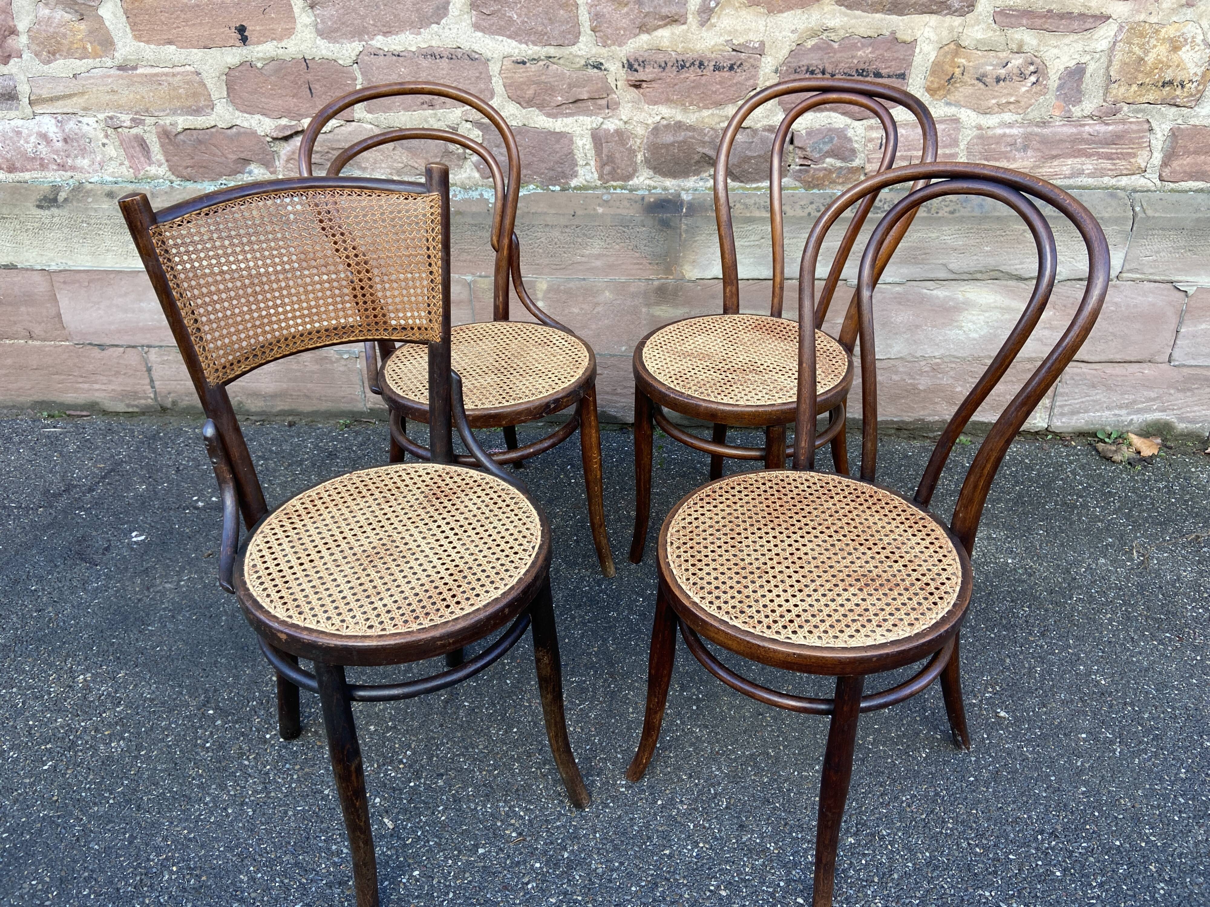 Set of 4 mismatched bistro chairs vintage curved wood