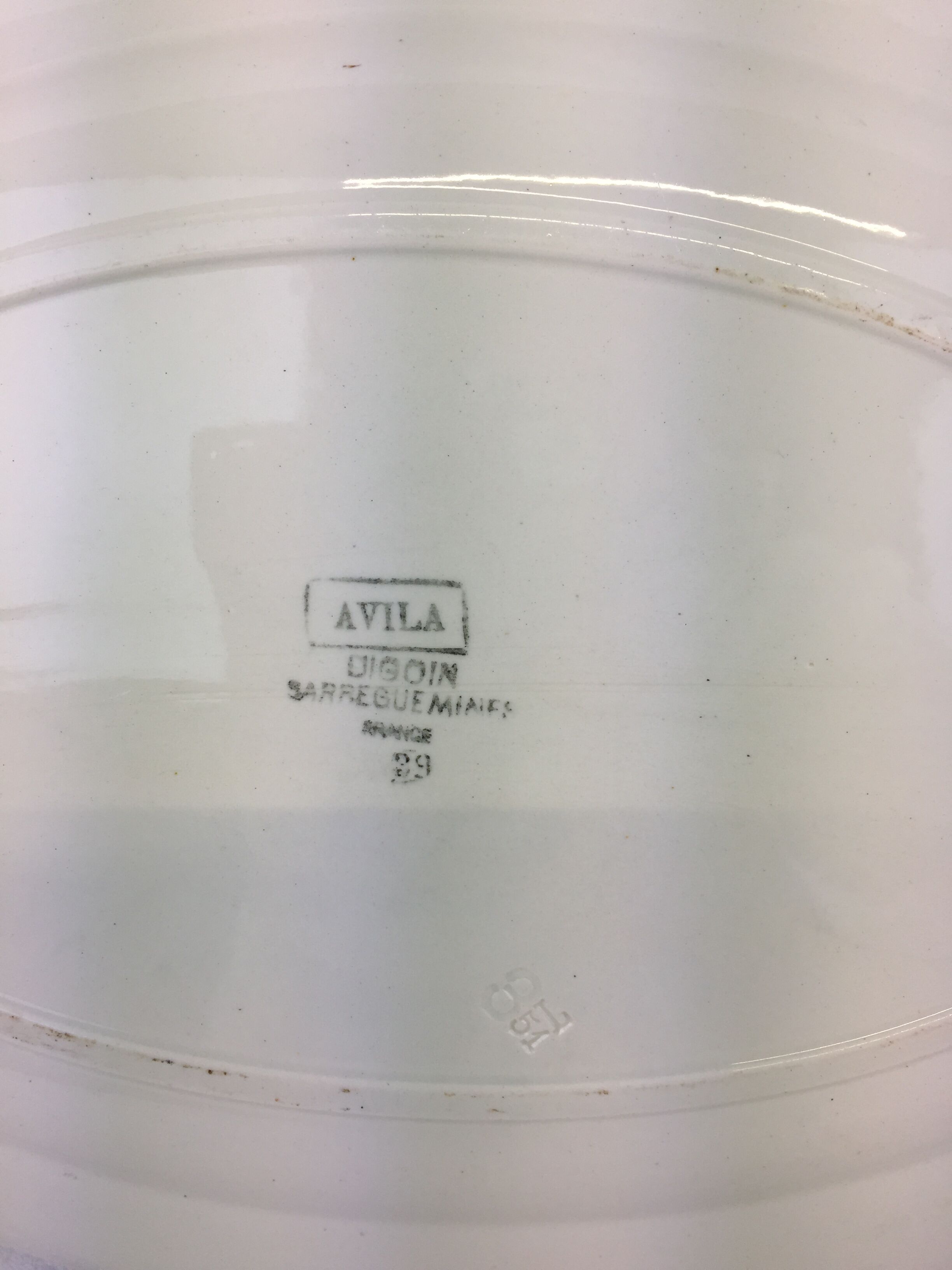 Antique oval dish made in France Digoin Sarreguemines, green flower decoration