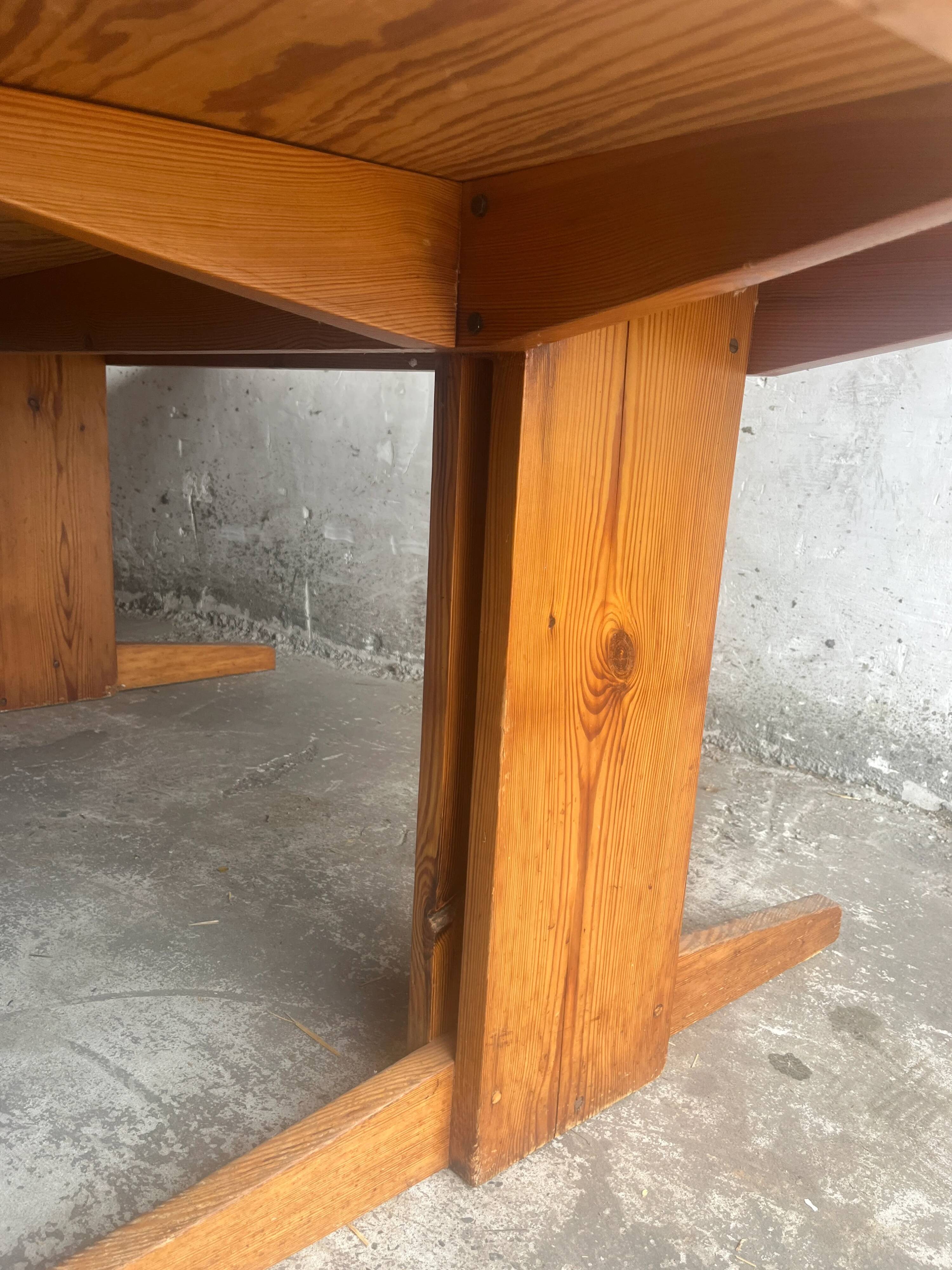 Brutalist Honey-Brown Pine Trestle Dining Table,  1970s France