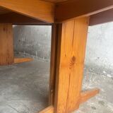 Brutalist Honey-Brown Pine Trestle Dining Table,  1970s France