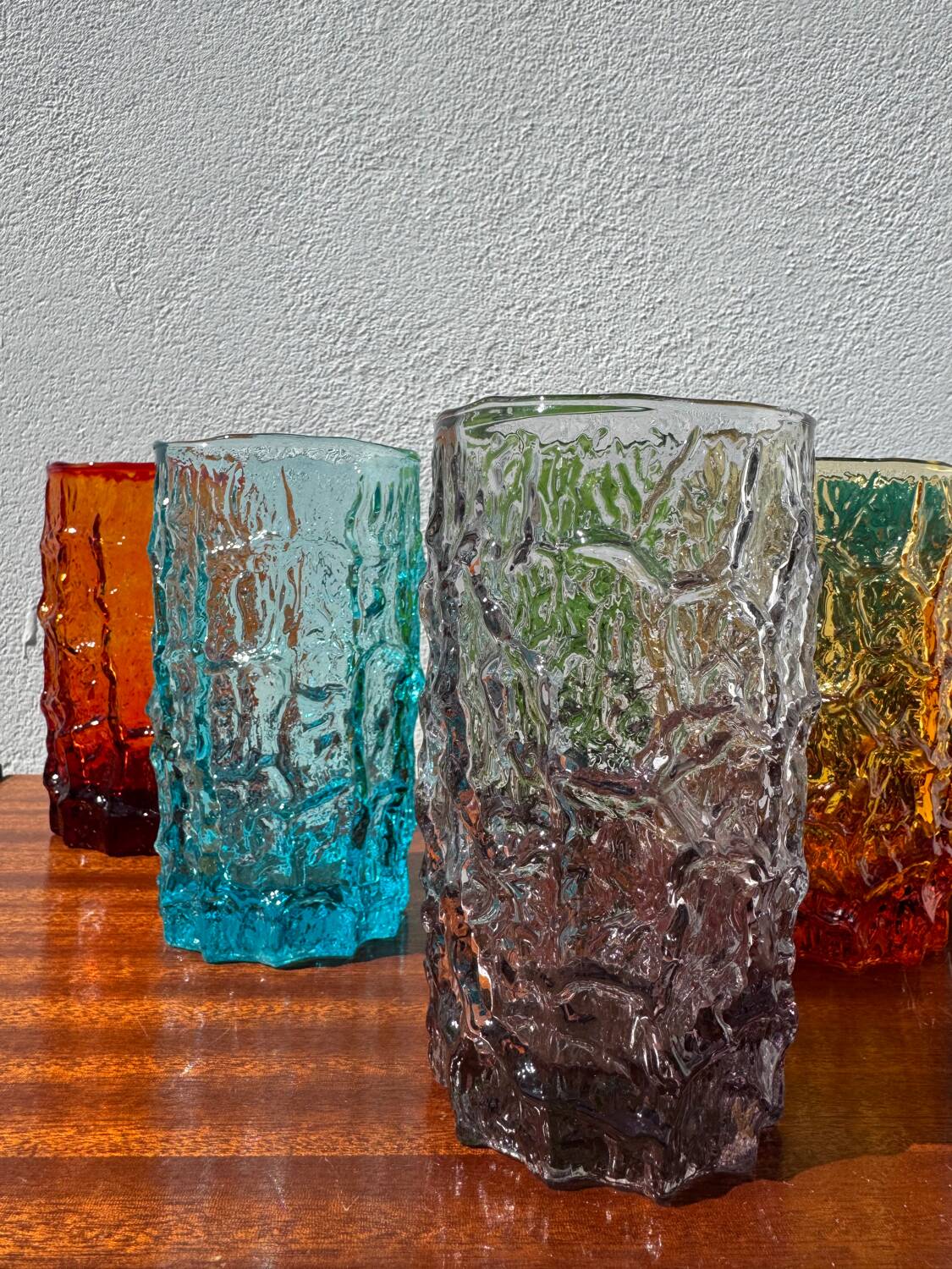 Large multicoloured glasses by Geoffrey Baxter from the 1960s.