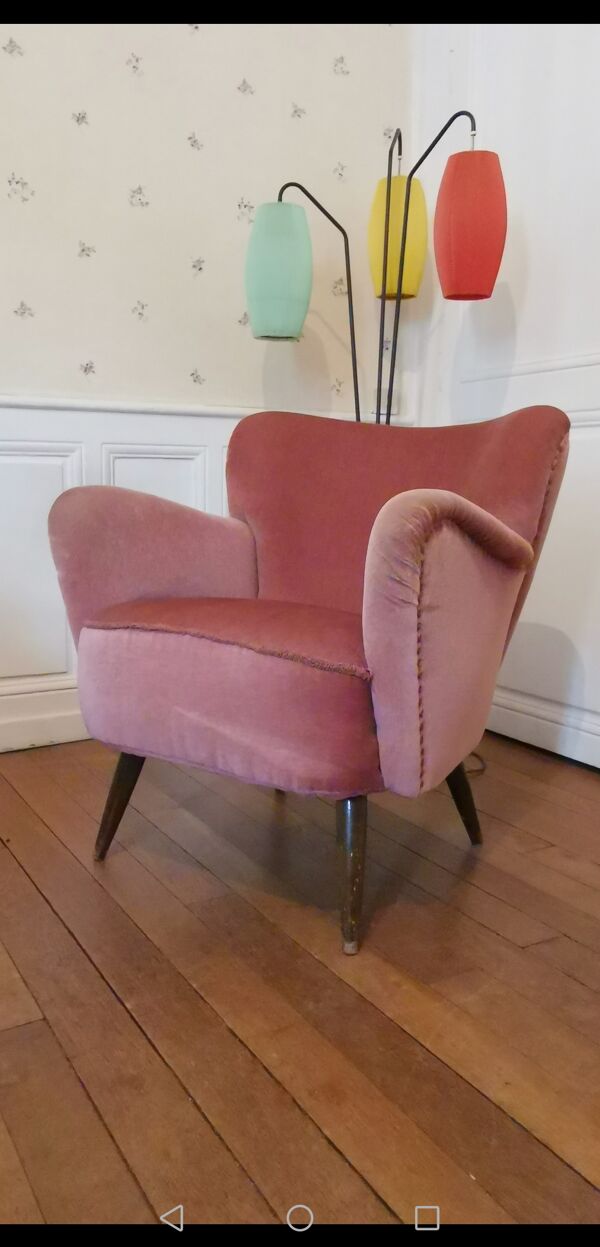 Fauteuil cocktail années 50 60 velours rose