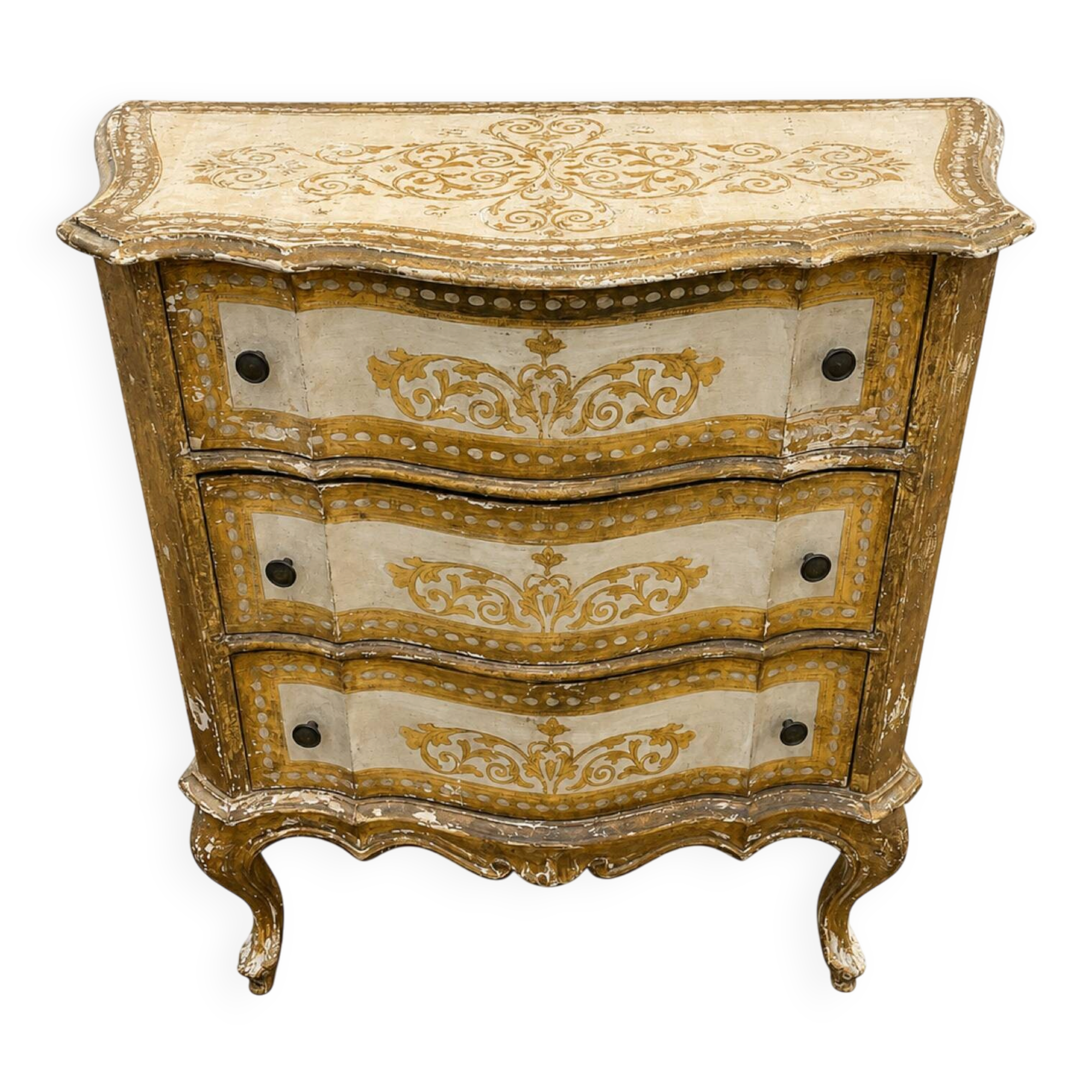 Commode Arbalète 3 tiroirs bois doré style Renaissance Italienne