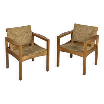 Ensemble de 2 fauteuils vintage en chêne et en herbe de mer des années 60, style mid-century.