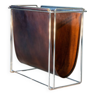 Leather and chrome magazine holder by Gerard Rignault 1970