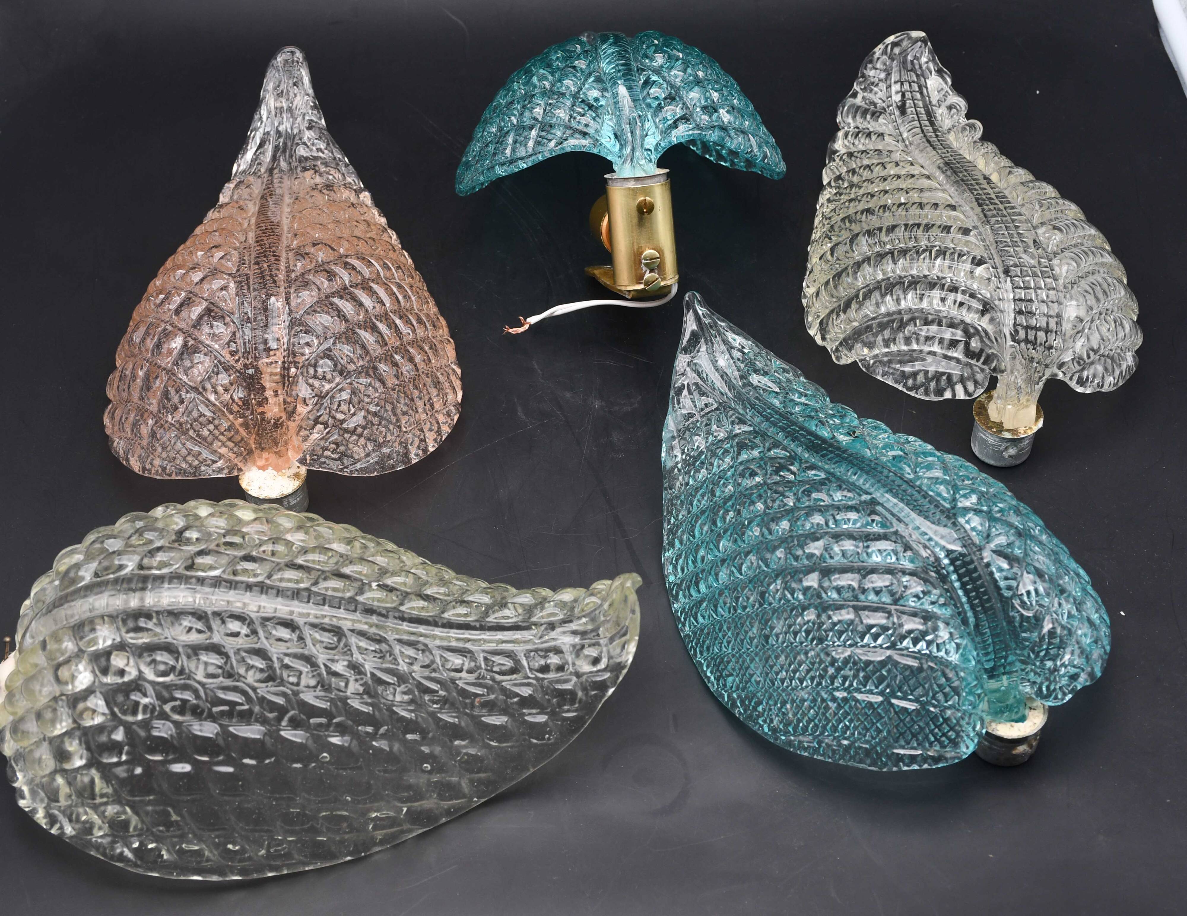 Set of 2 Rare Wall light Blue Jewel Murano Glass Leave by Barovier e Toso, 1950s