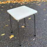 Vintage square stool in steel and white leather