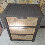 Wooden and wicker storage unit France 1980 / in dark brown repainted wood and 3 wicker drawers
