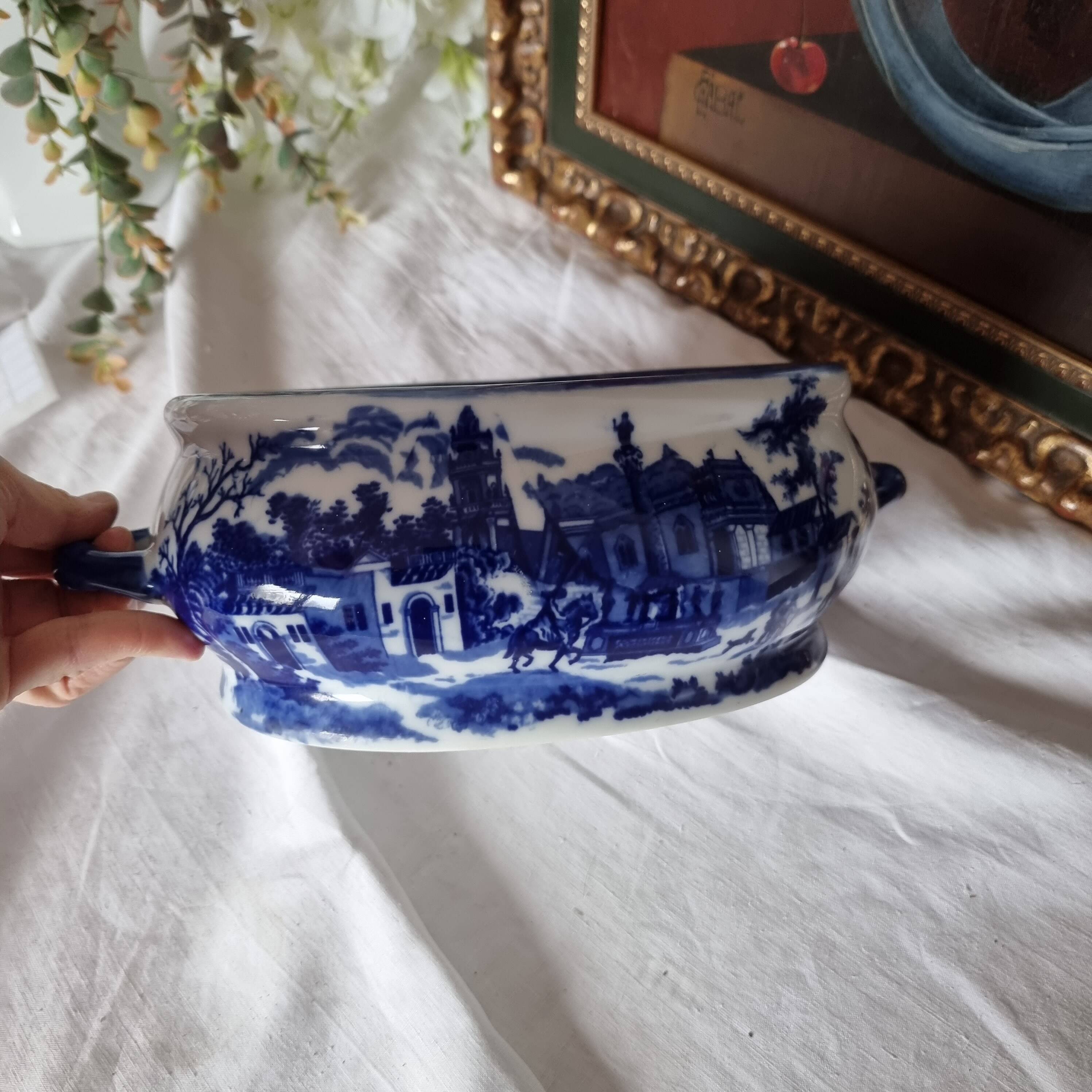 English porcelain flower pot or planter, blue Victorian landscape