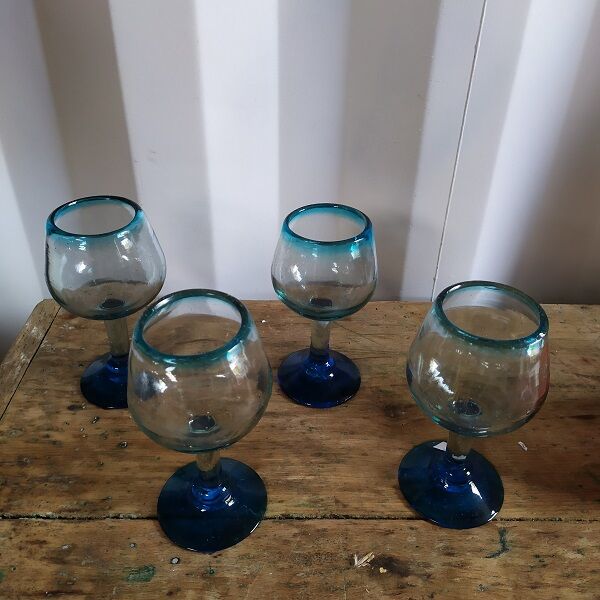 blue collar and foot glass turquoise in thick glass Lot of 4 Brocanteespritdantan