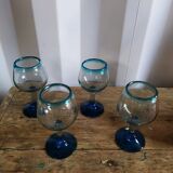 blue collar and foot glass turquoise in thick glass Lot of 4 Brocanteespritdantan