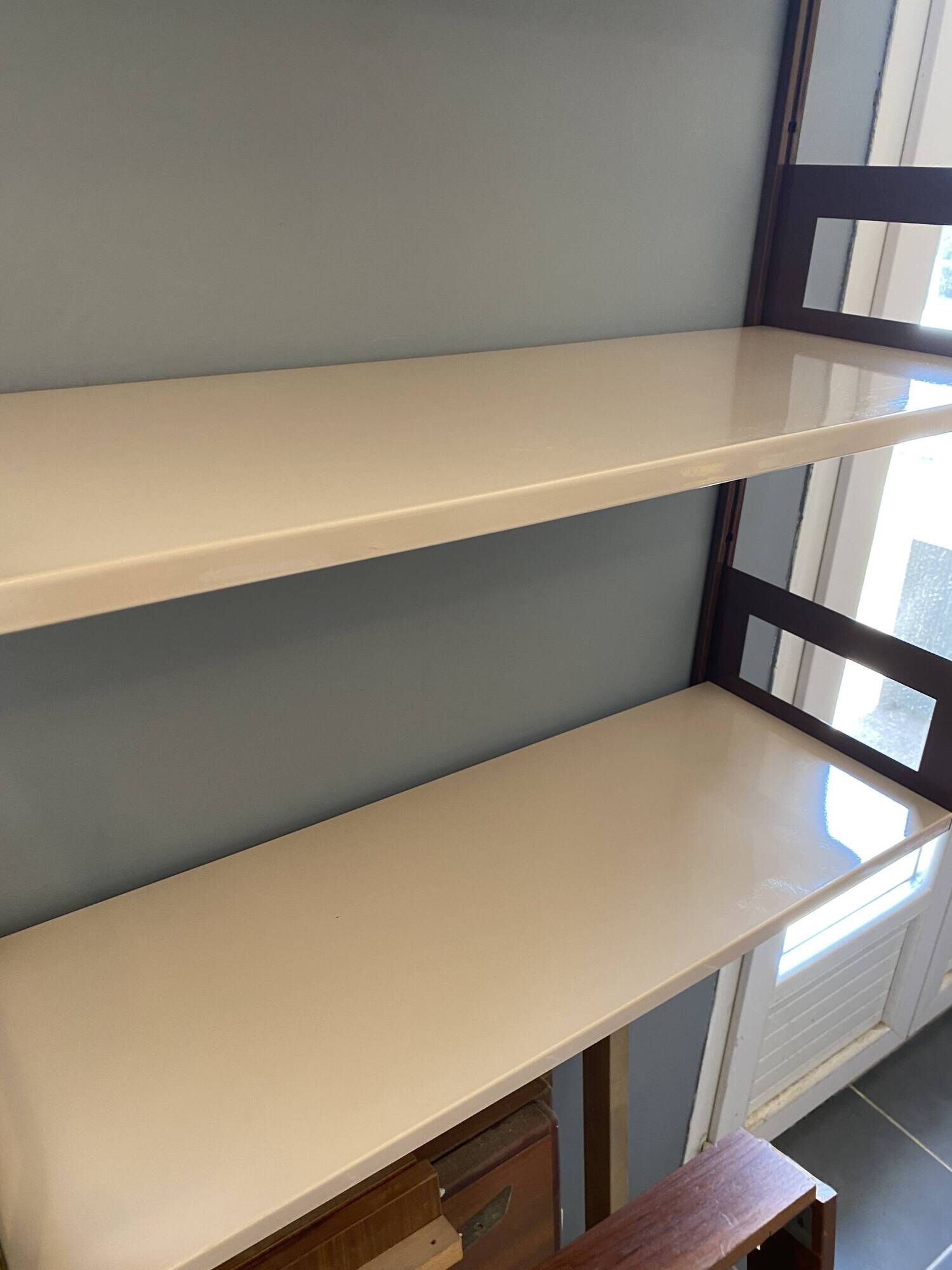 Modular metal wall shelf in brown and beige vintage 70s design.