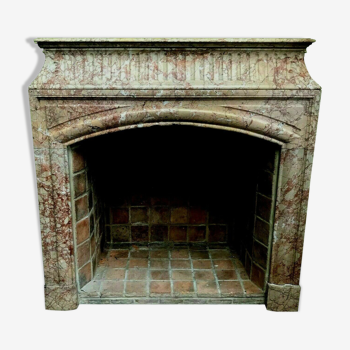 Louis XIV-style fireplace has 19th century veined pink marble hood