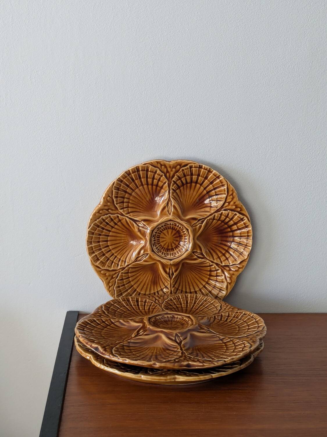 Set of 3 vintage brown Sarreguemines majolica oyster plates.