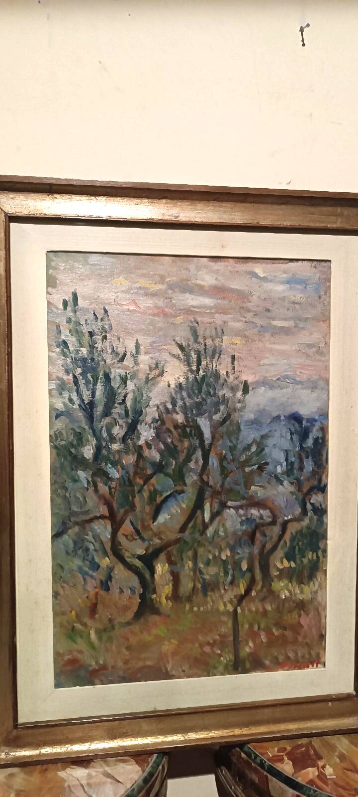 Oil painting on canvas, landscape, trees, Christine Oswalt, fishermen