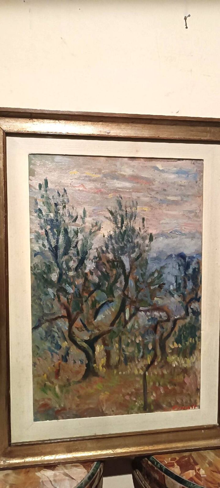 Oil painting on canvas, landscape, trees, Christine Oswalt, fishermen