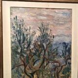 Oil painting on canvas, landscape, trees, Christine Oswalt, fishermen