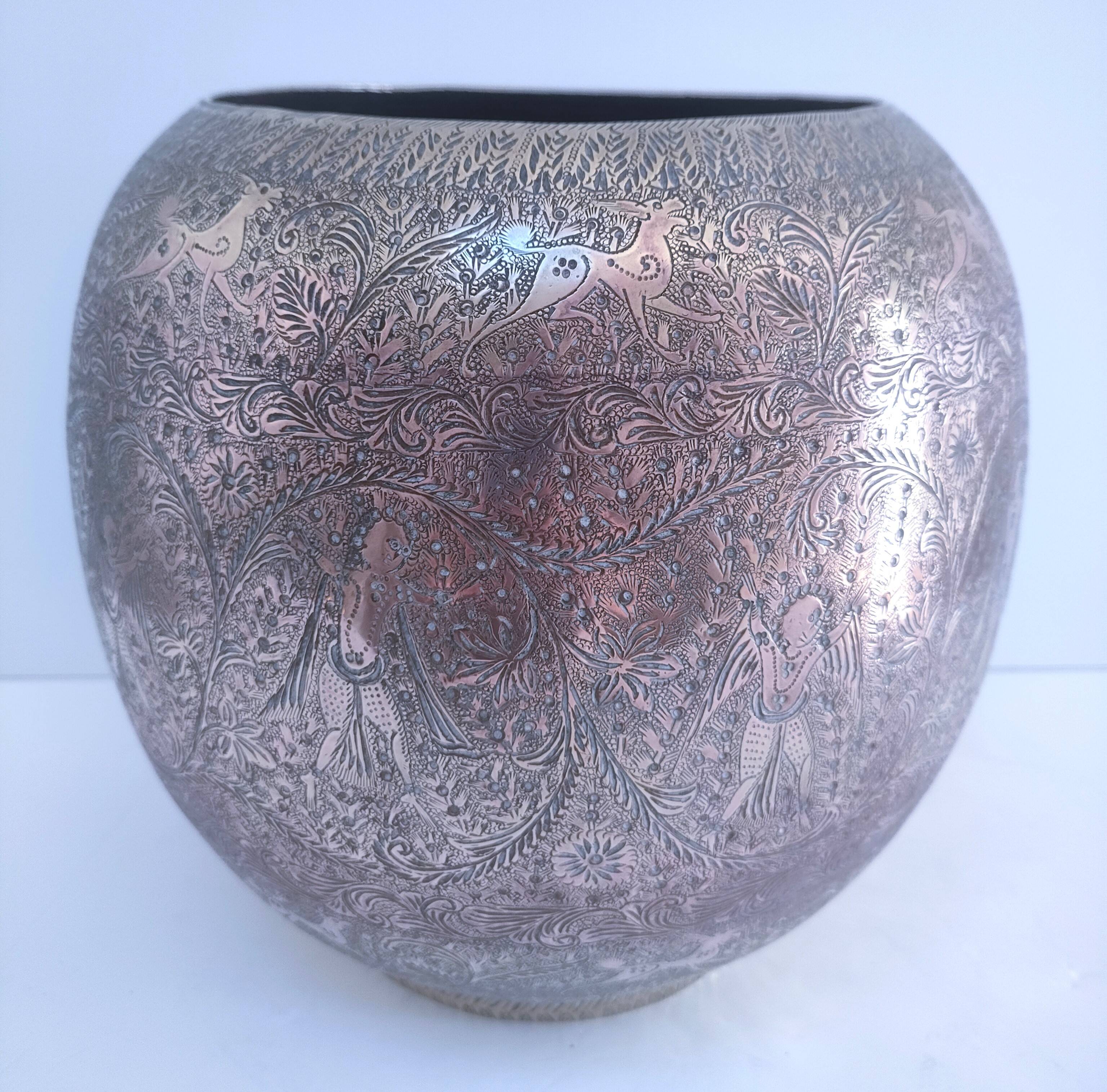 Solid brass pot cover engraved decor animal plant characters