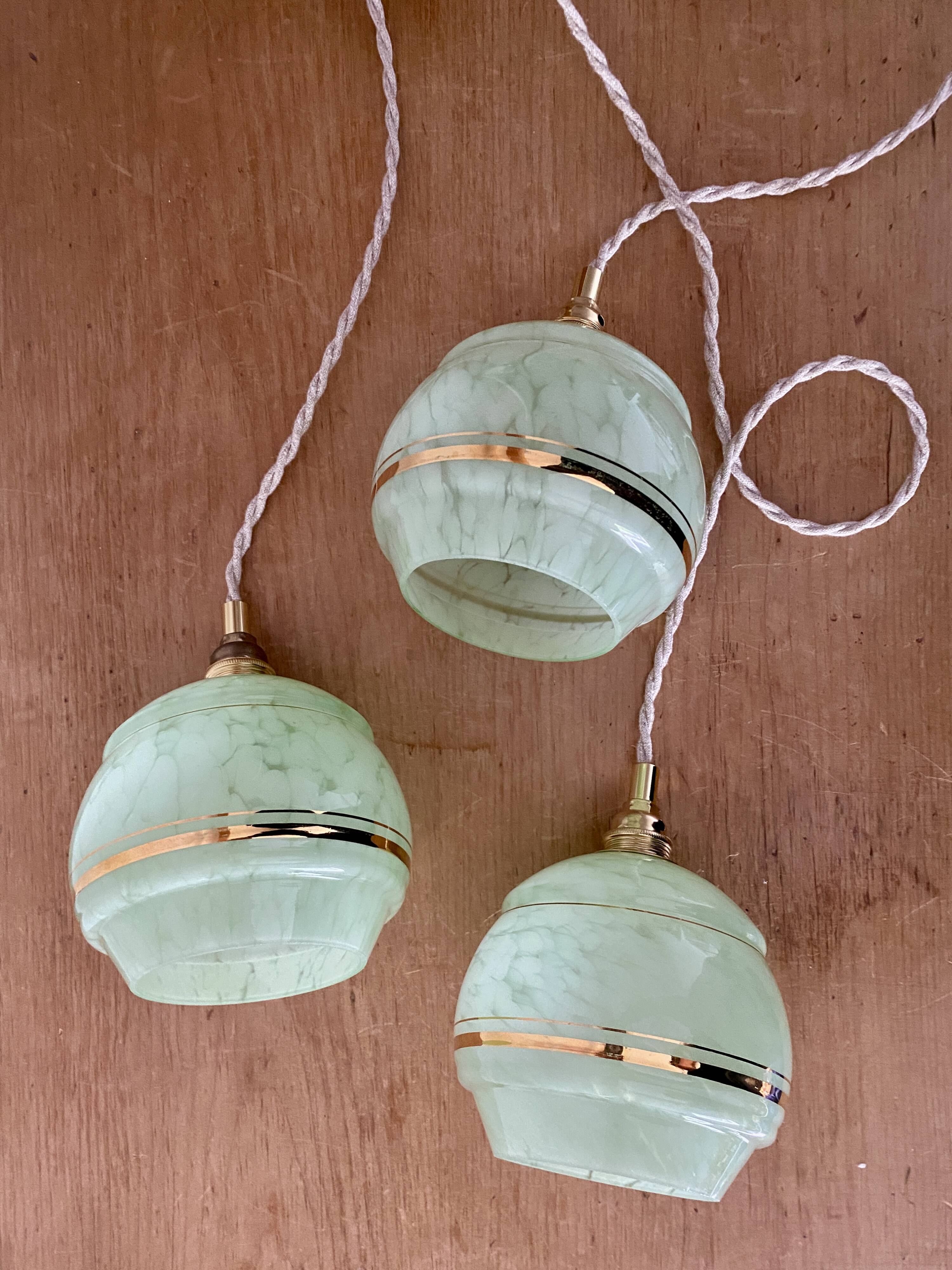 Vintage art deco triple globe pendant light in mint and gold glass
