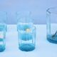 Mid Century Italy Frangar Non Flectar Whiskey Set of Blue Glasses With Ice Bucket and Fork Tongs