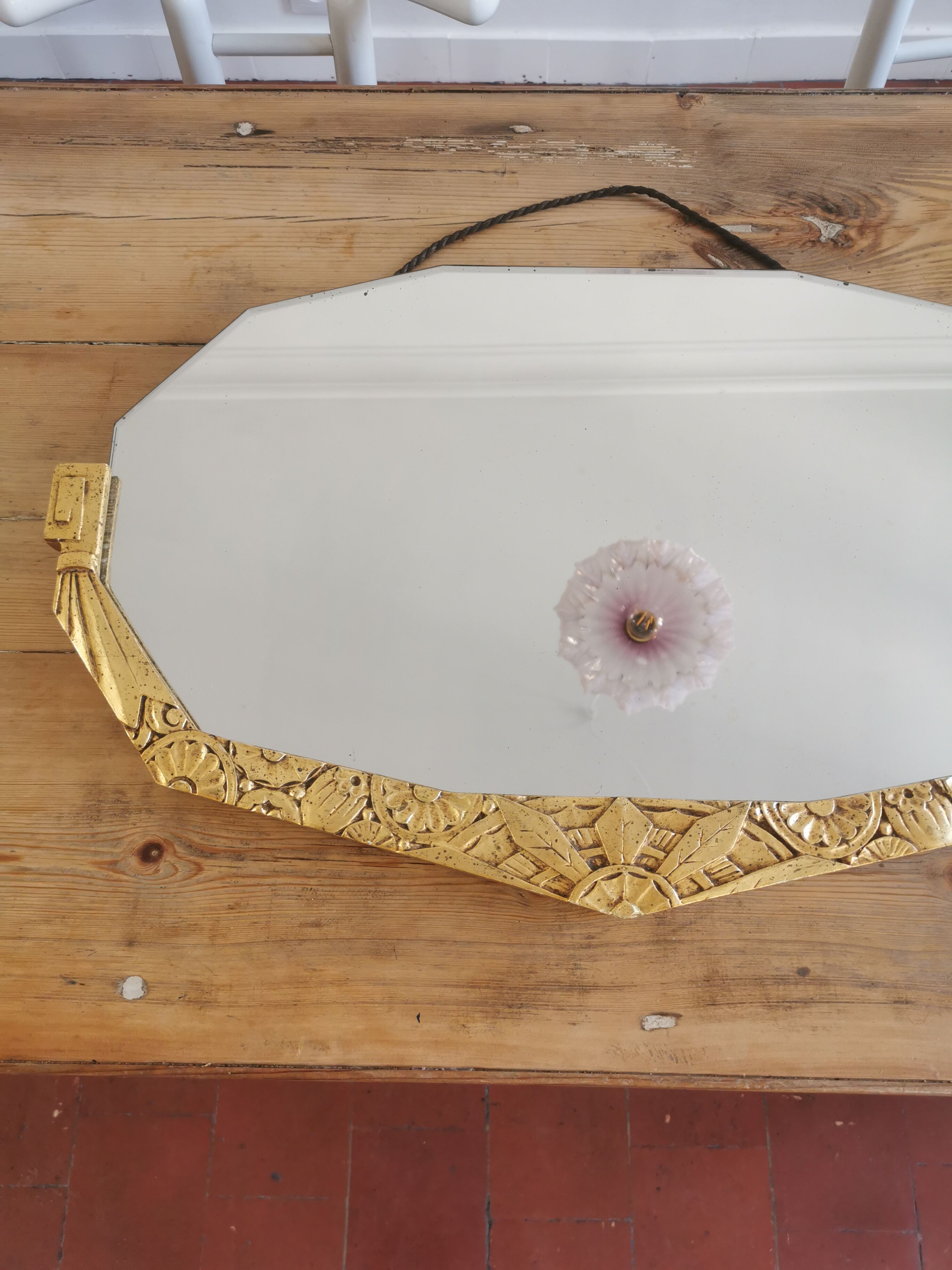 Golden Art Deco beveled mirror 65x38cm