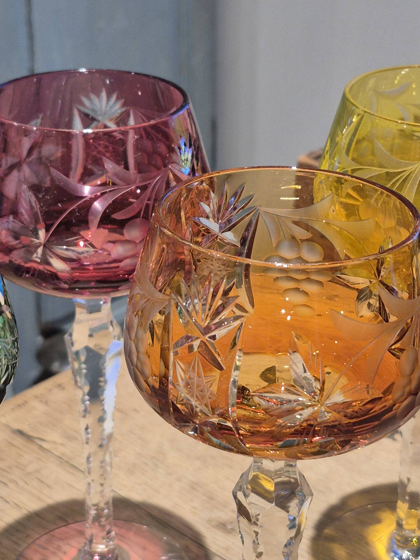 Set of 4 vintage coloured cut crystal wine glasses