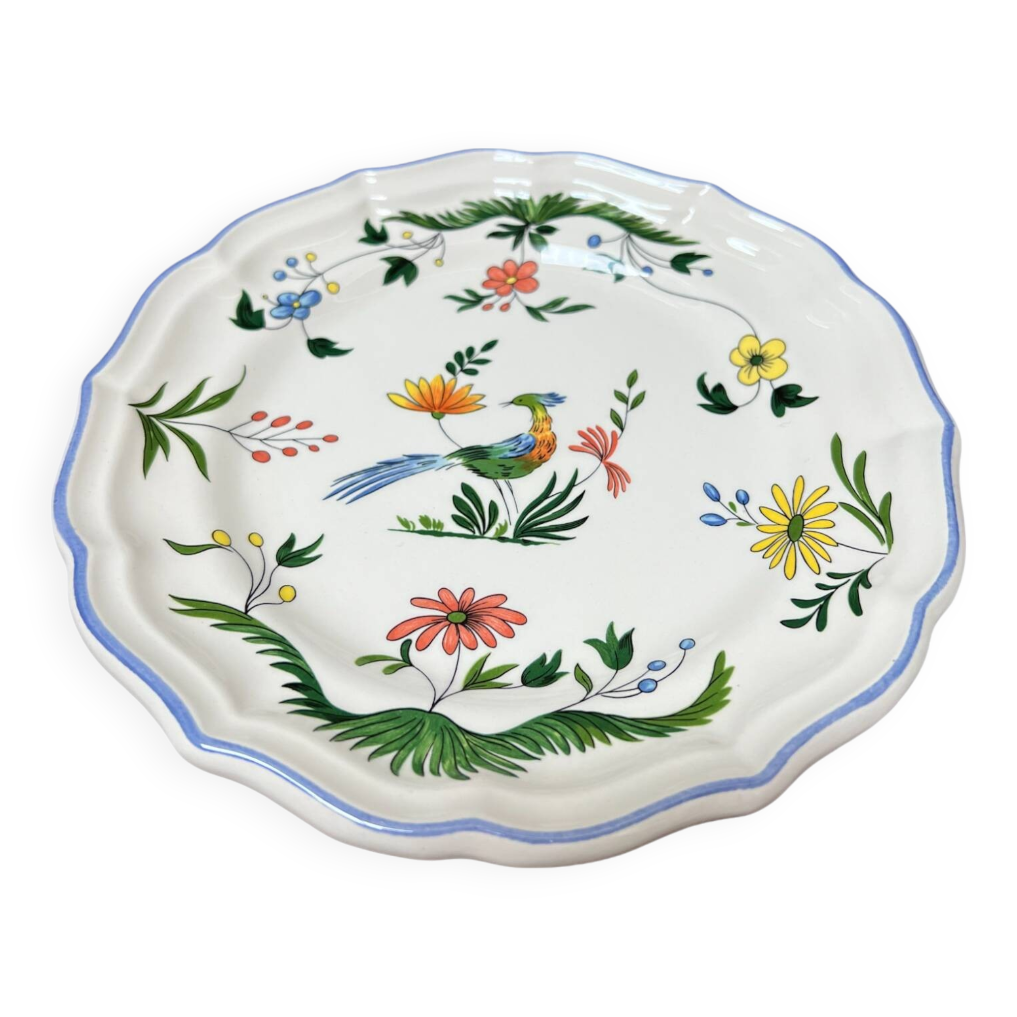 Gien earthenware dessert plate with bird of paradise motif