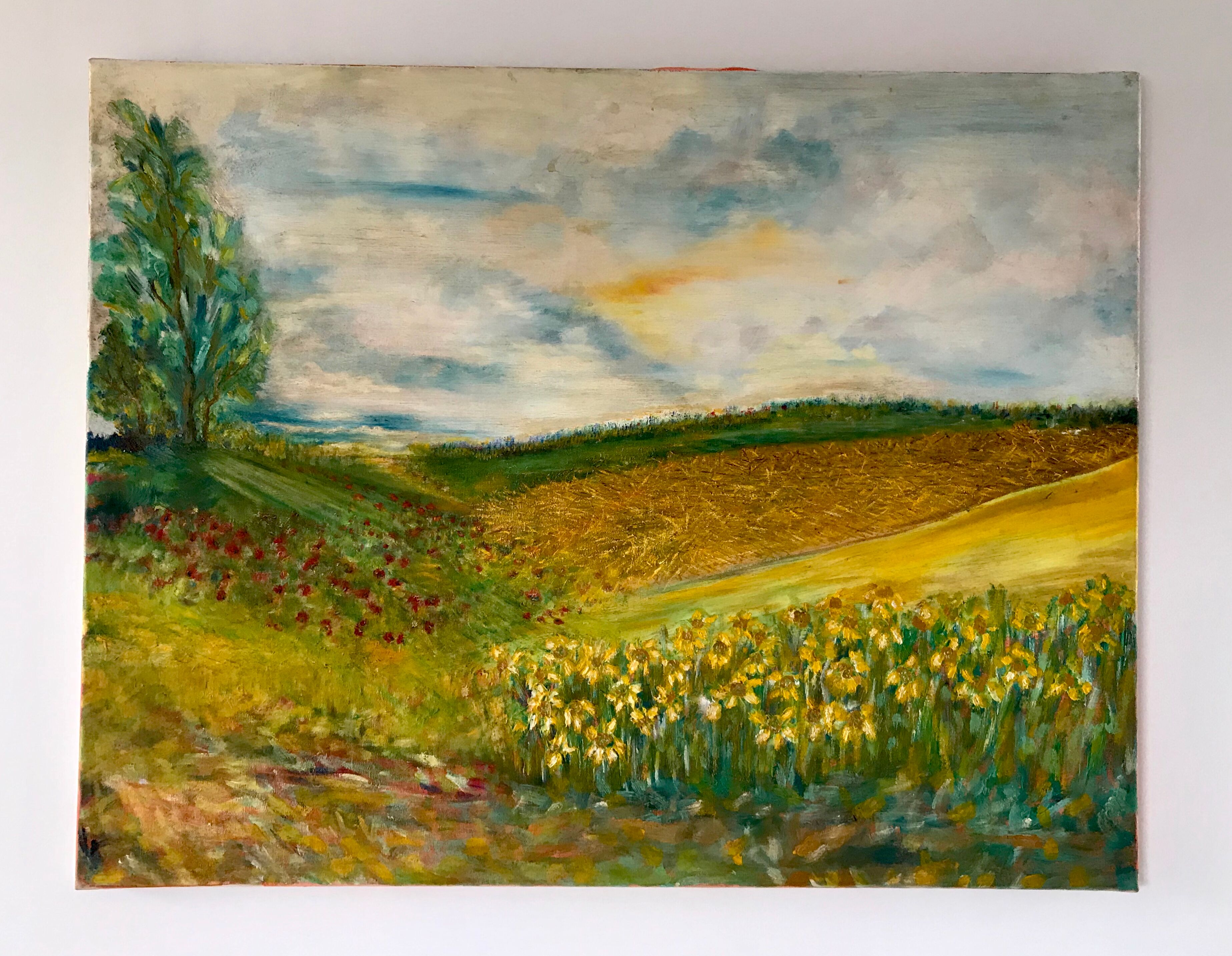 Old oil painting on landscape canvas