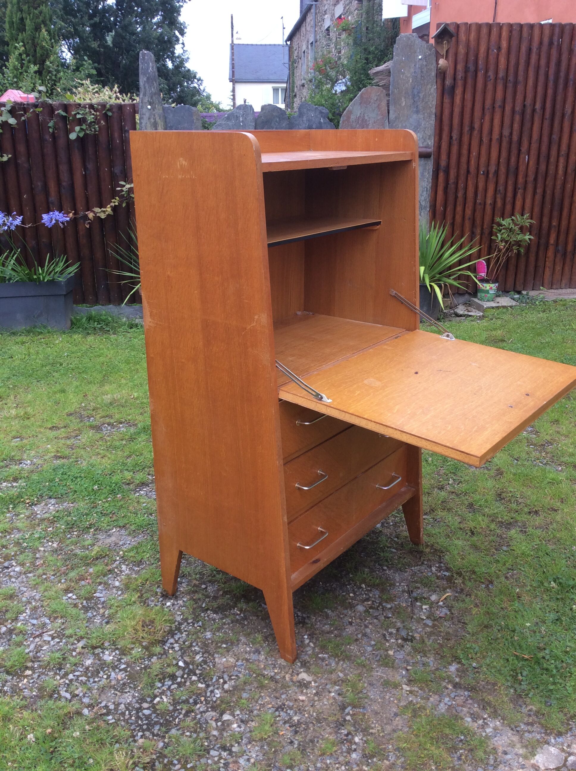 Vintage secretary in oak with compass base