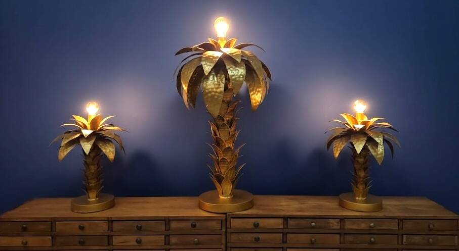 Hollywood Regency Palm Tree Lamp Trio – Hammered Gold Metal