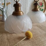 Pair of frosted glass flower pendant lights with vintage wood and brass