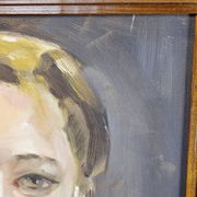 Portrait "The Woman in Green" vintage oil on canvas board framed