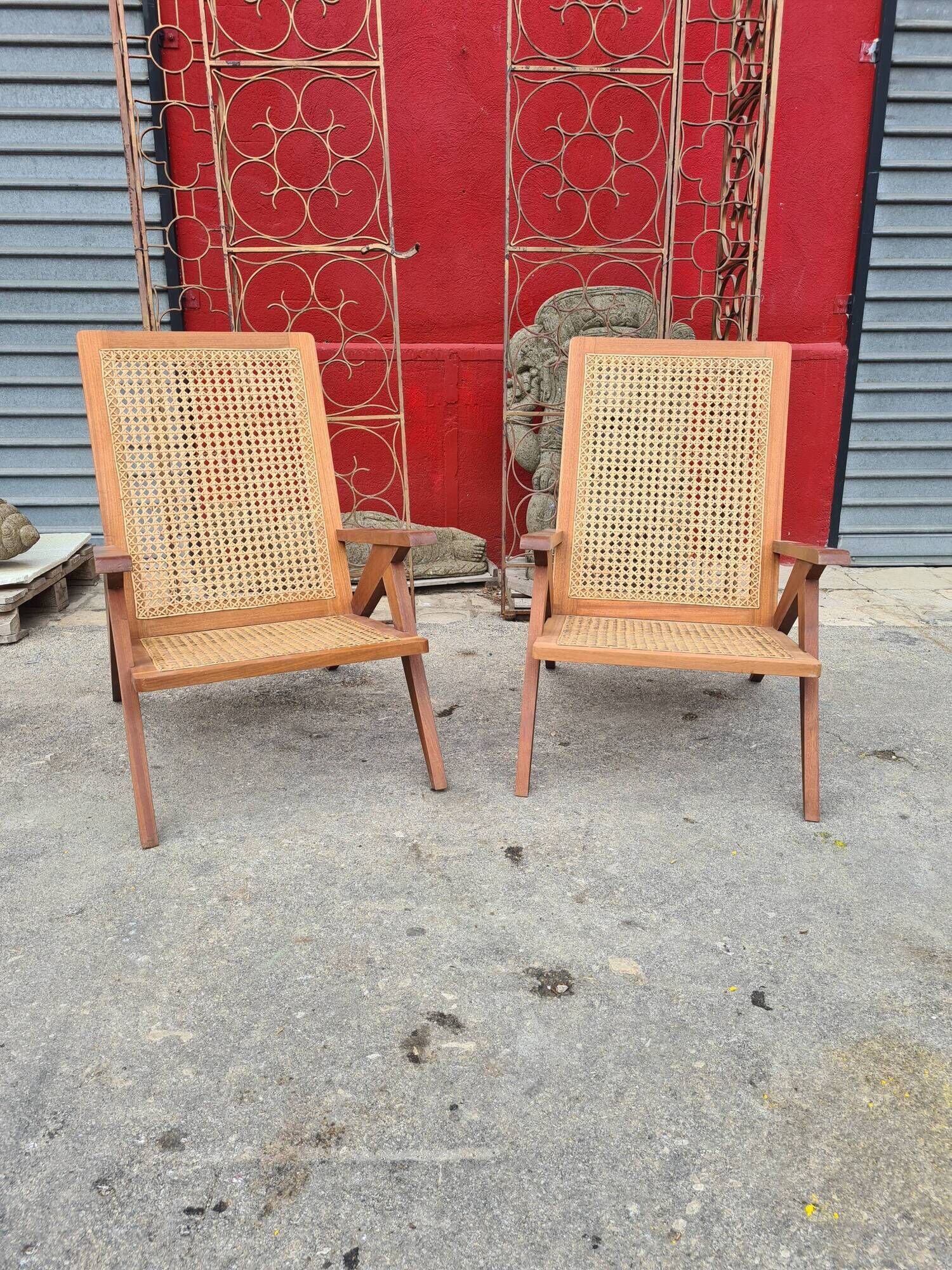 Pair of compass foot armchairs in solid mahogany and cannage 50s