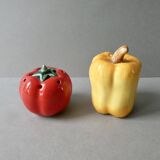 Salt and pepper shakers in barbotine, pepper and tomato shape