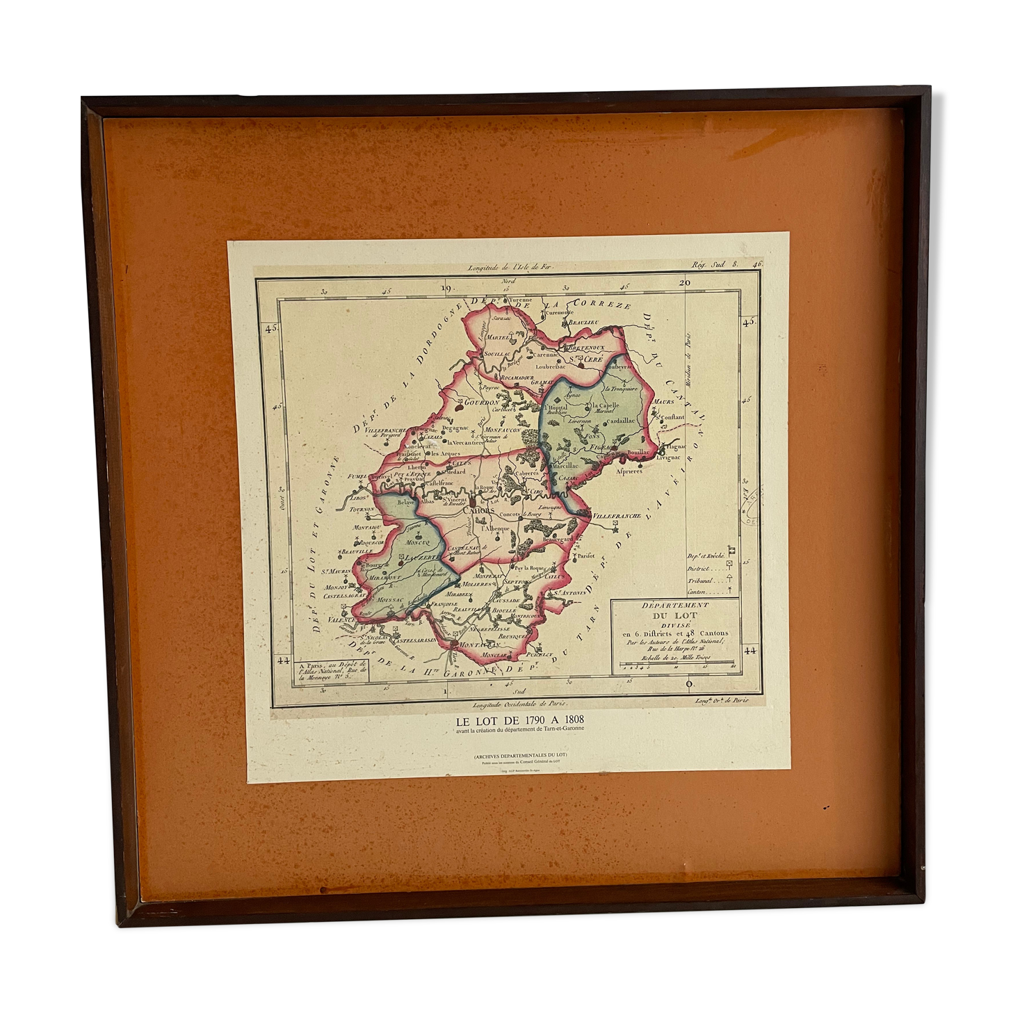 Old map of the Lot in its 66 x 66 Cm frame hand-delivered
