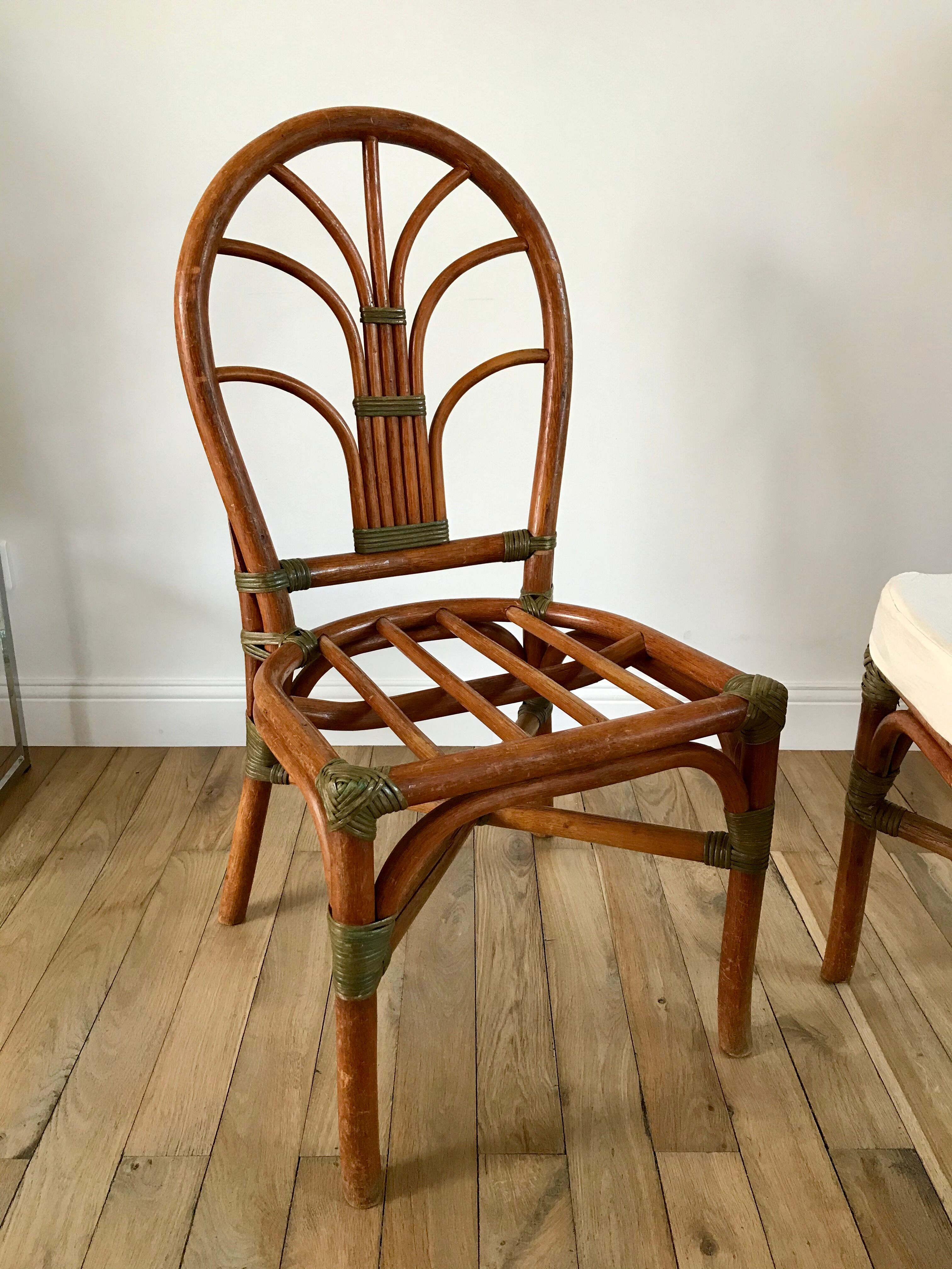 Set of 3 rattan / bamboo chairs with cushions years 1960-1970