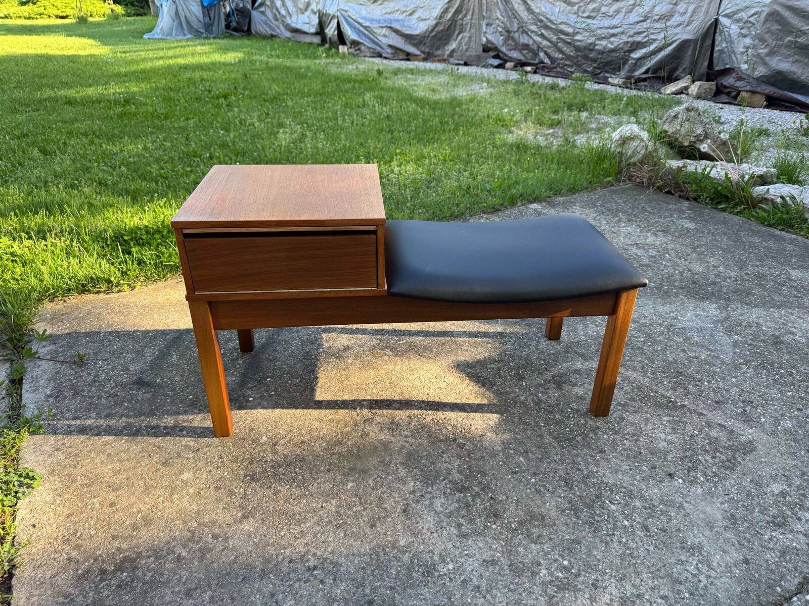 Vintage teak telephone bench with vinyl seat, 1960s