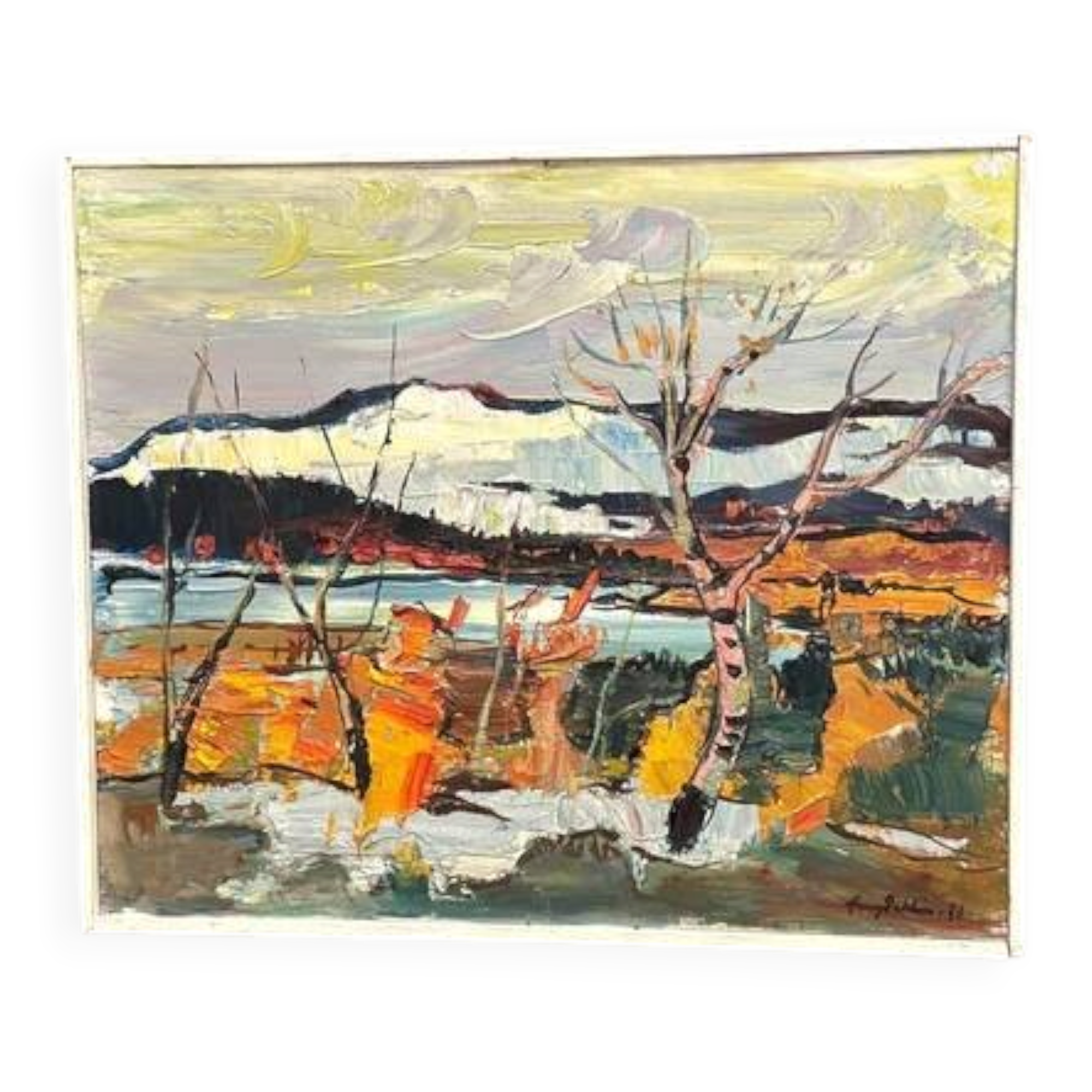Original Swedish Oil on Panel – “Autumn Shore” by Harry Sahlin – Dated 1973