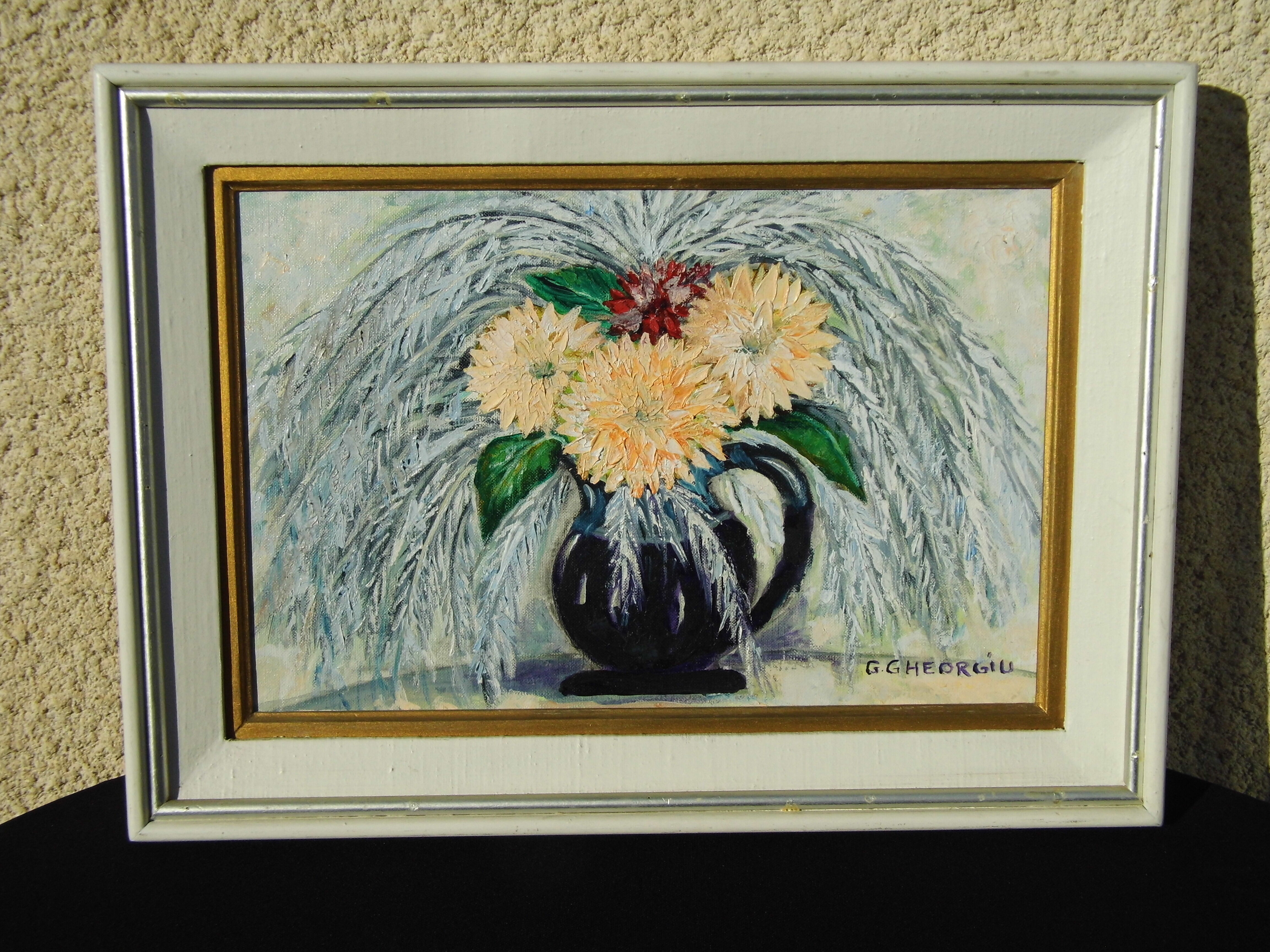 Ancient painting oil on canvas sign g. gheorgiu vase of flowers peony tbe