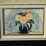 Tableau ancien huile sur toile signe g. gheorgiu vase de fleurs pivoine tbe