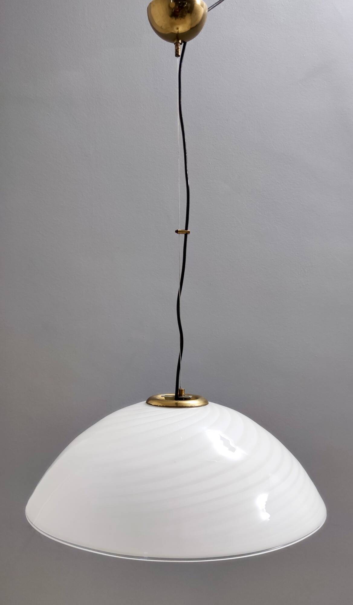 Adjustable White Murano Glass and Brushed Brass Pendant by VeArt