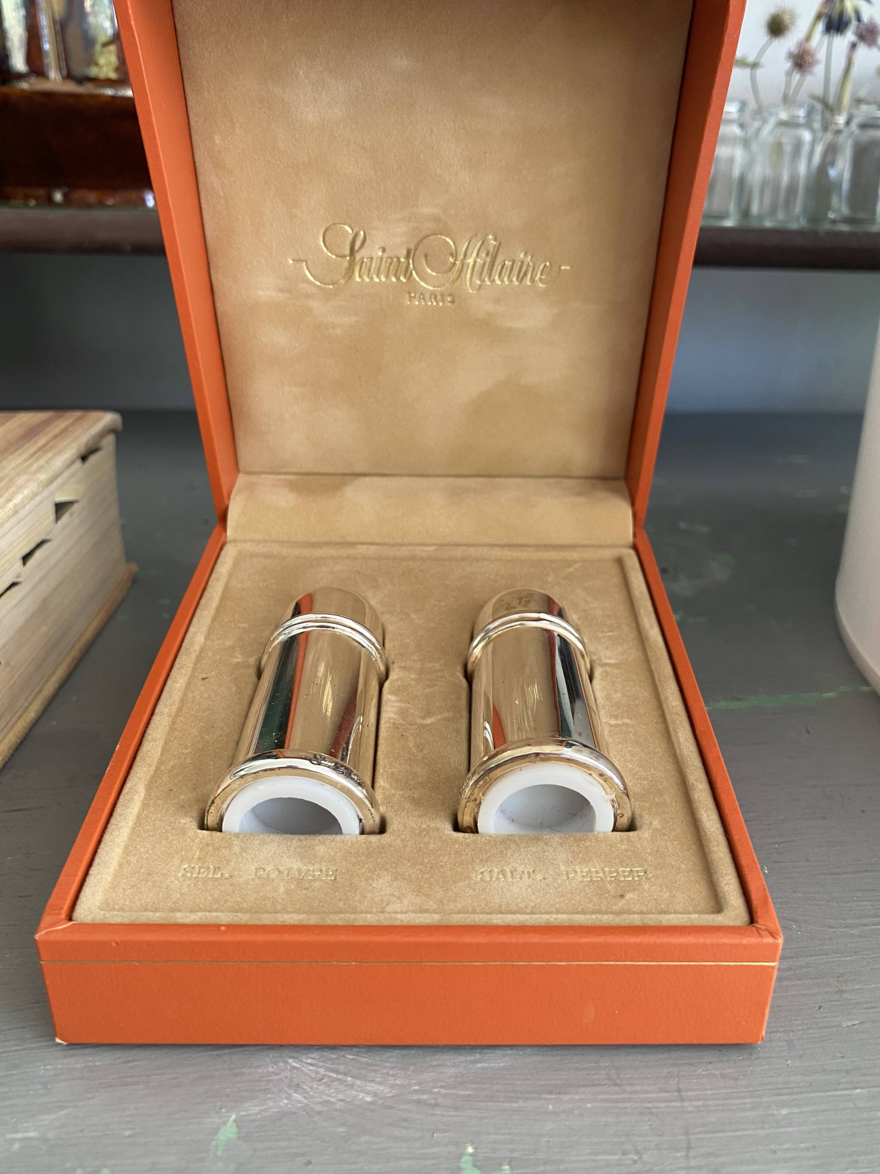 Salière, poivriez métal argenté, coffret, années 80