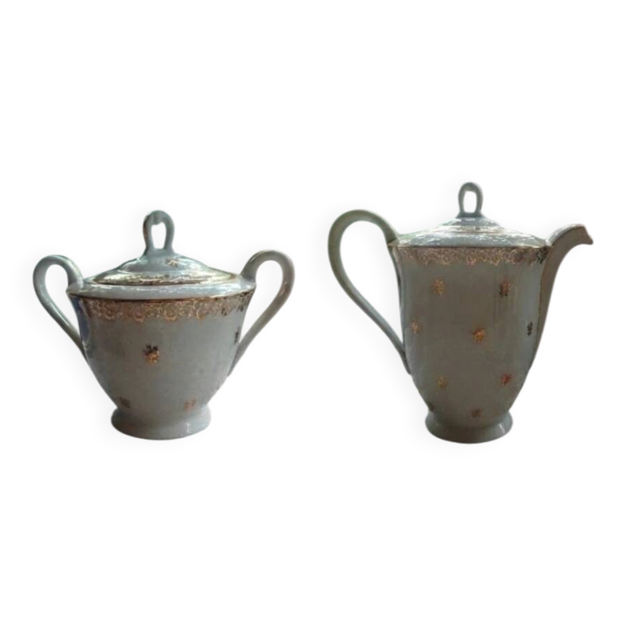 Teapot and sugar bowl in gilded Limoges porcelain by Chastagner & Cie.