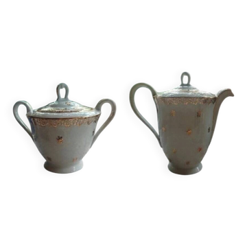 Teapot and sugar bowl in gilded Limoges porcelain by Chastagner & Co.