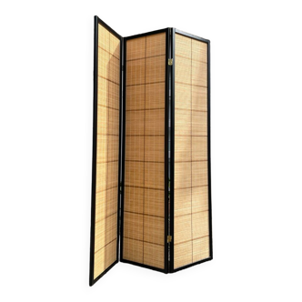 Paravent, trois panneaux, en bois et bambou