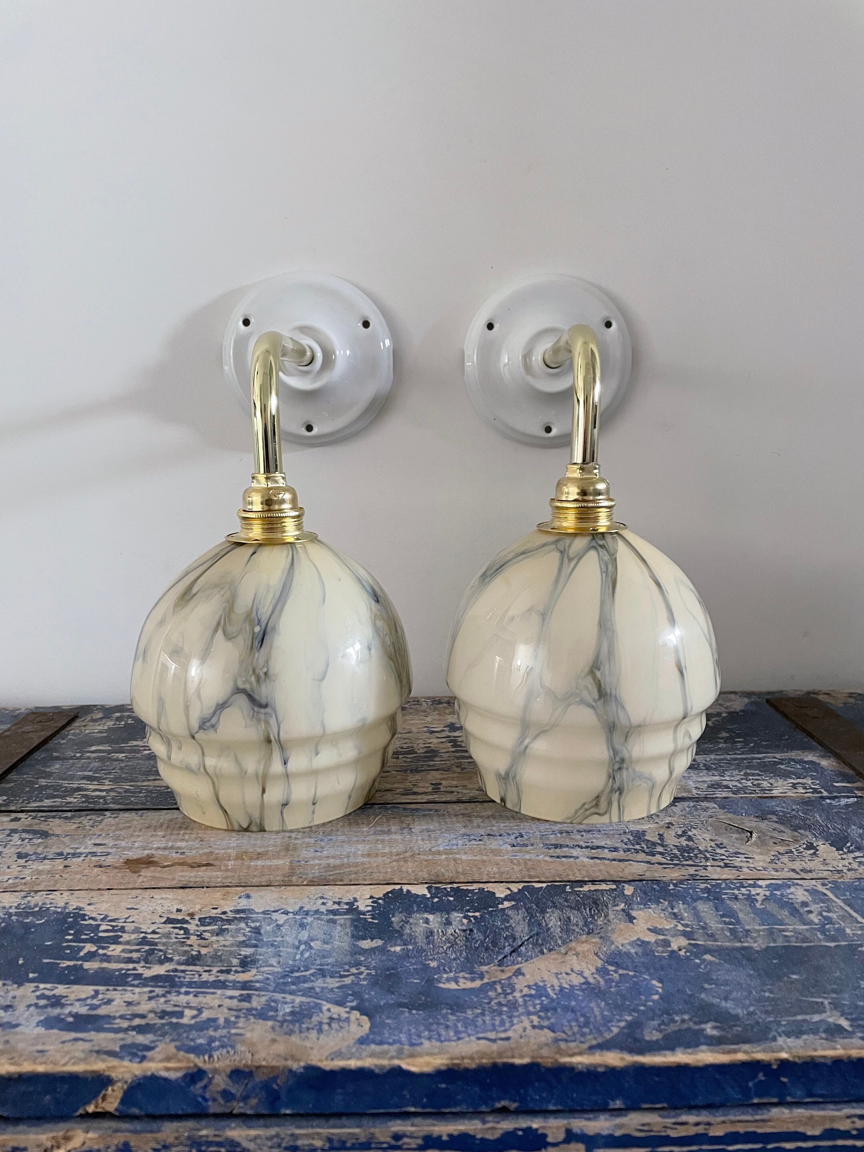 Pair of art deco wall lamps in marbled opaline