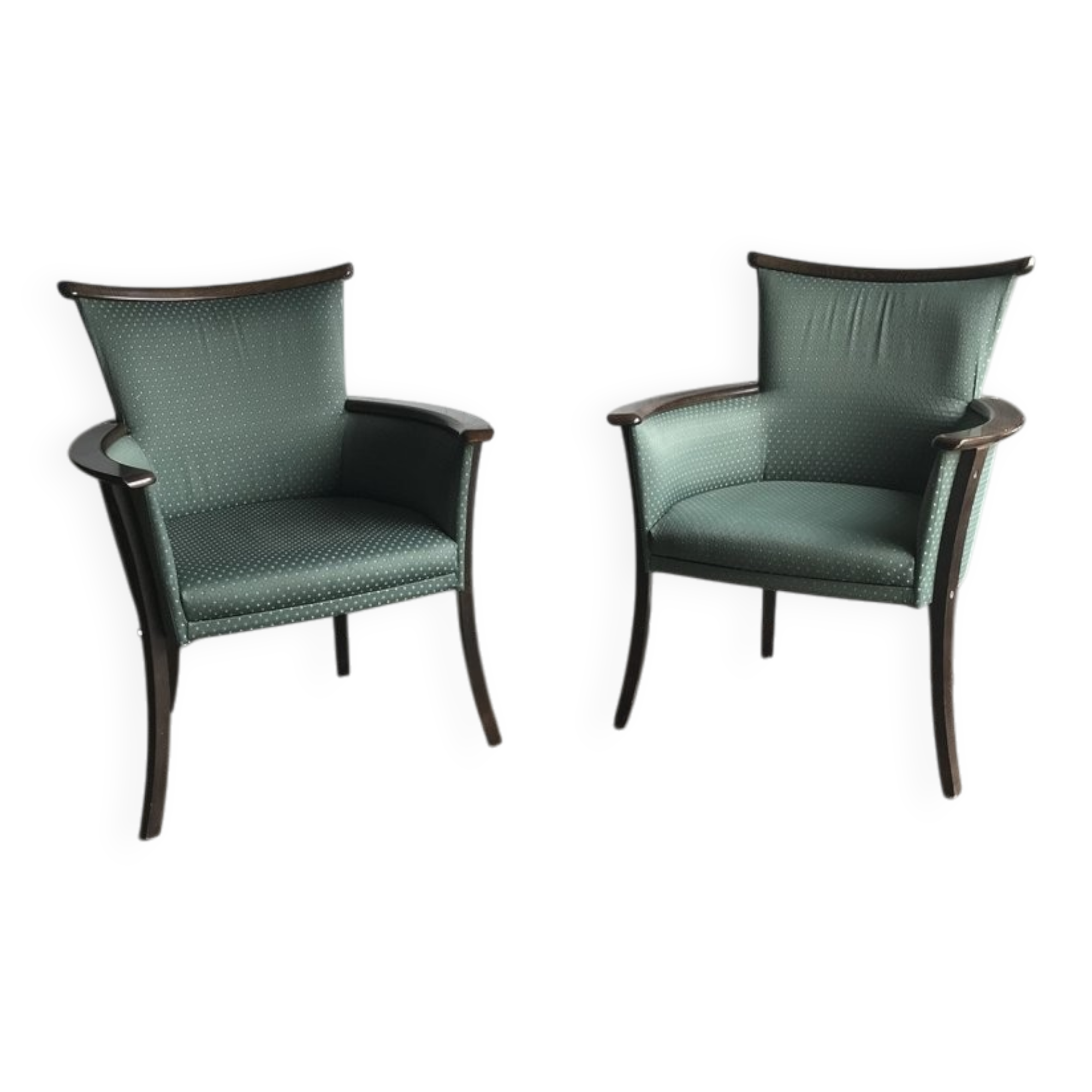 Pair of mid-century armchairs in wood and green fabric, 1960s, vintage style.