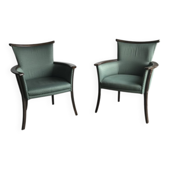 Pair of mid-century armchairs in wood and green fabric, 1960s, vintage style.